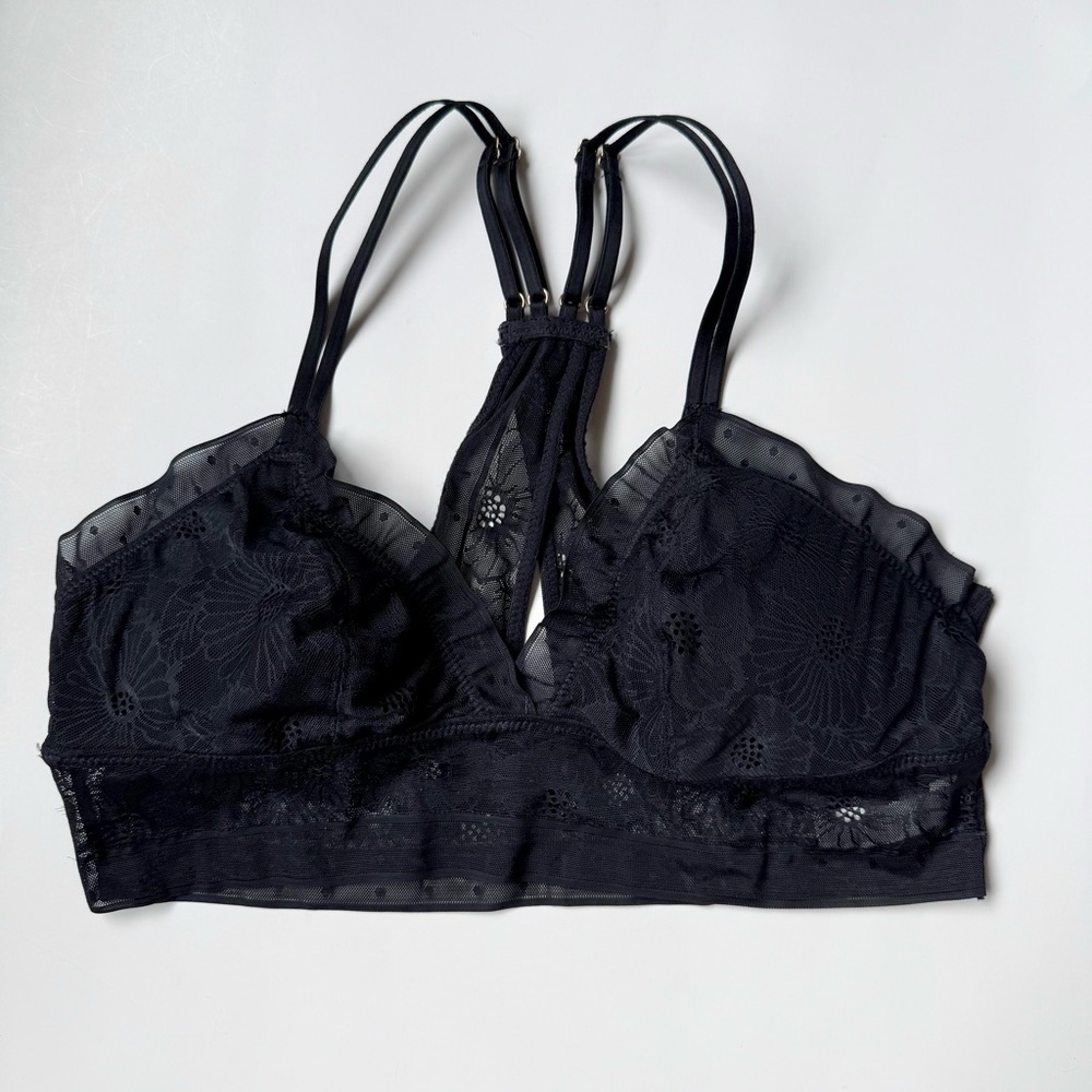 Aerie Black Lace Longline Bralette Strappy Back Size Medium Sheer Ruffle Padded